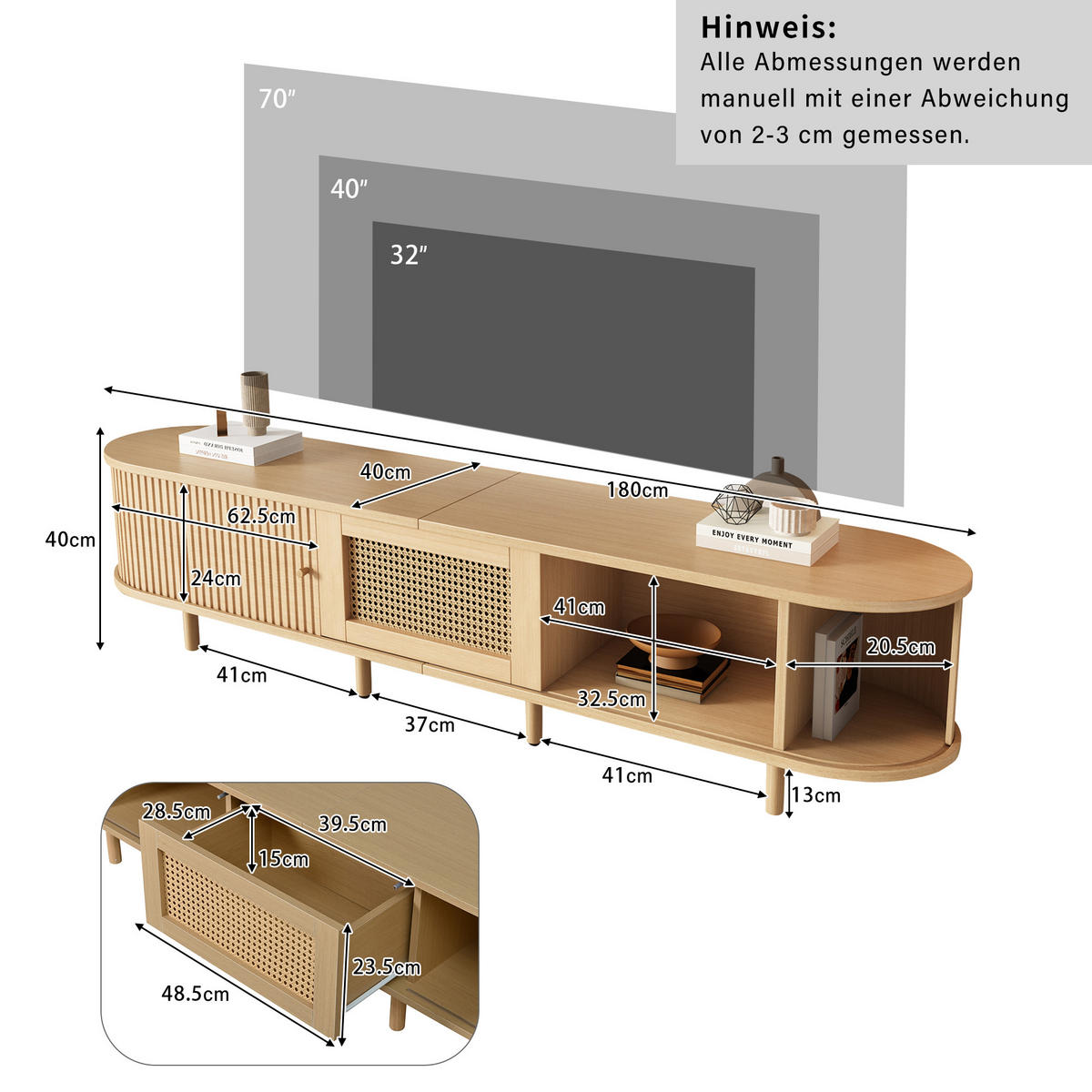 TV-ELEMENT180X40X40CM Fernsehtisch Lowboard Rattan-Optik Schiebetüren Holzfarbe - Naturfarben, Holz (49.5/14.5/120cm) - Raelunyi