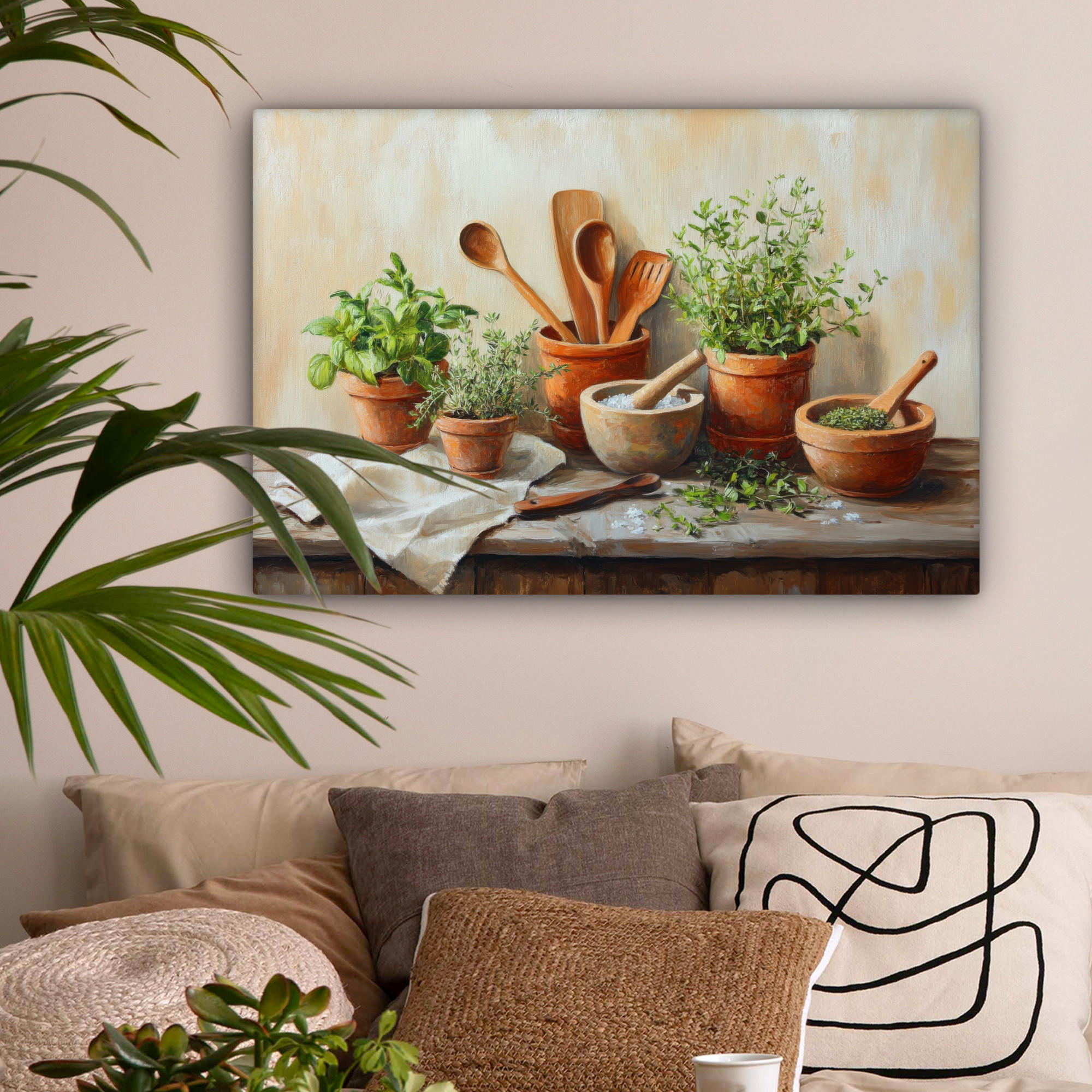 LEINWANDBILD Töpfe - Kräuter - Holz Wanddeko 90x60 cm - Terracotta, Textil (90/60cm) - MuchoWow
