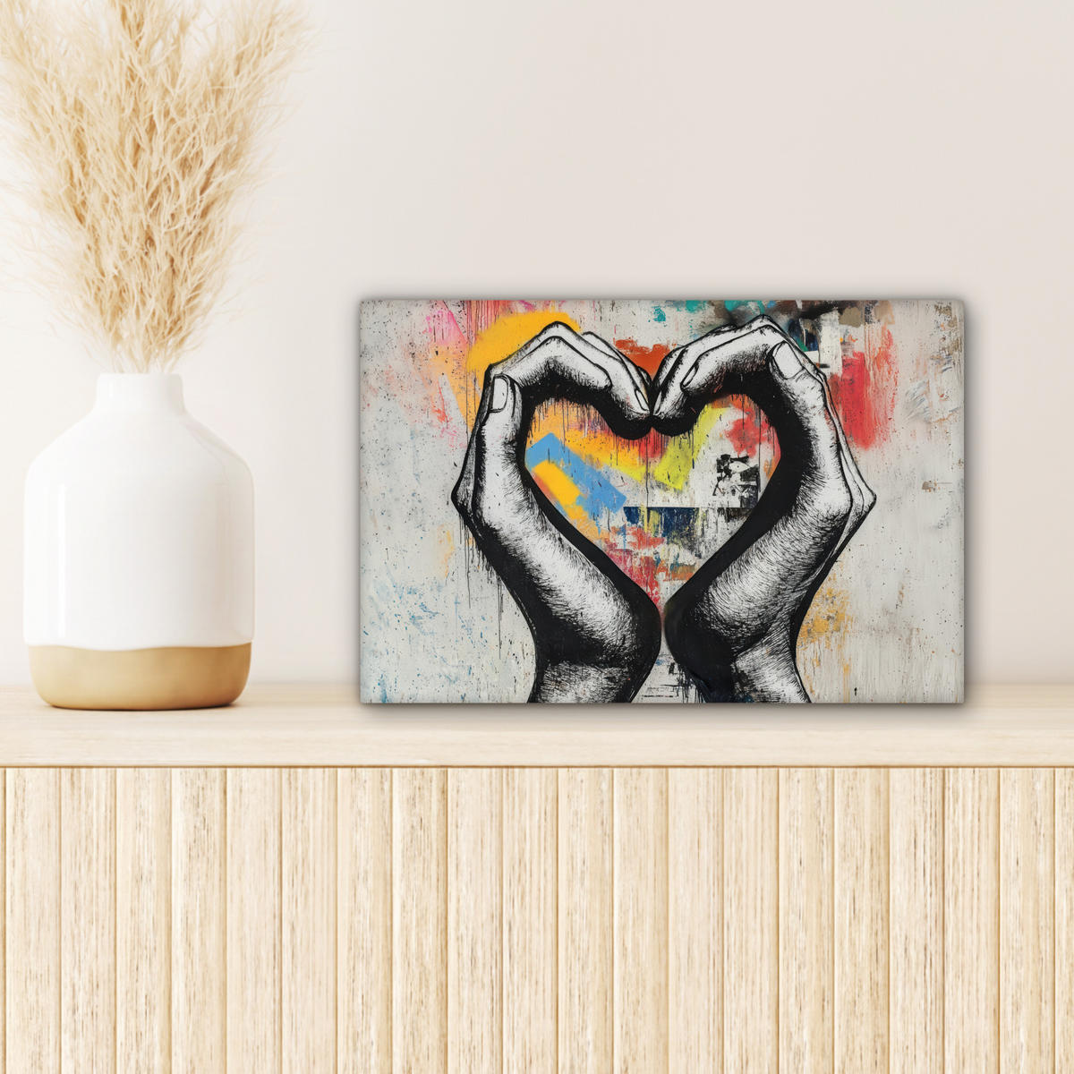 OBRAZ NA PLÁTNE Ruky - Srdce - Street art - Graffiti 30x20 cm - viacfarebná, textil (30/20cm) - MuchoWow