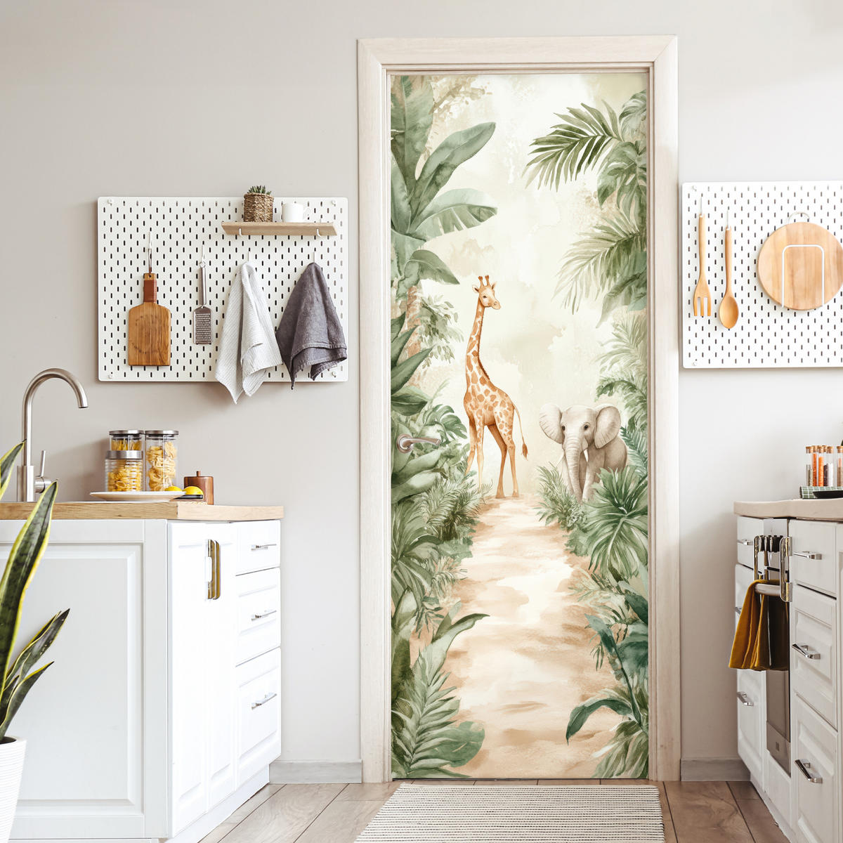 NÁLEPKA NA DVERE Džungľa - Žirafa - Slon - Zelená - Príroda 95x235 cm - farba eukalyptového dreva, plast (95/0.1cm) - MuchoWow