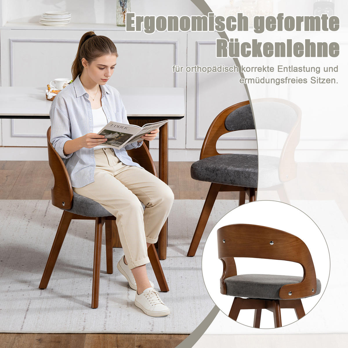 ESSZIMMERSTUHL 2er-Set drehbar mit Leinenkissen, Grau - Grau, Textil (41/72/44cm)