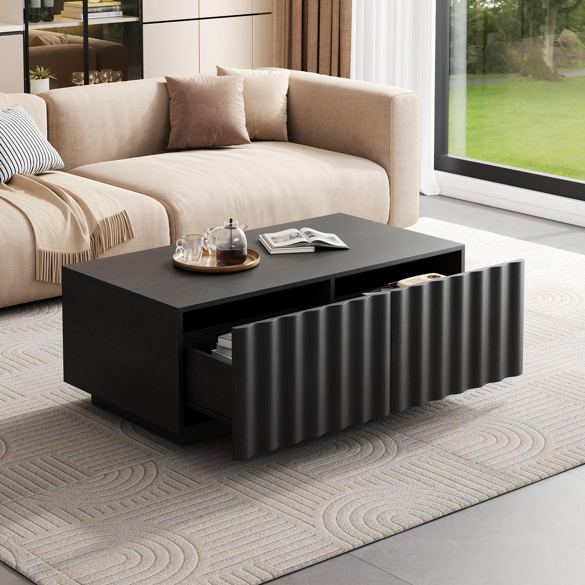 COUCHTISCH in Schwarz Wohnzimmertisch mit Wellenmuster und Schubladen, 100 B x 50 T x 40 H(cm), für Wohnzimmer - Schwarz, Holzwerkstoff (50/100/40cm) - STILVORA