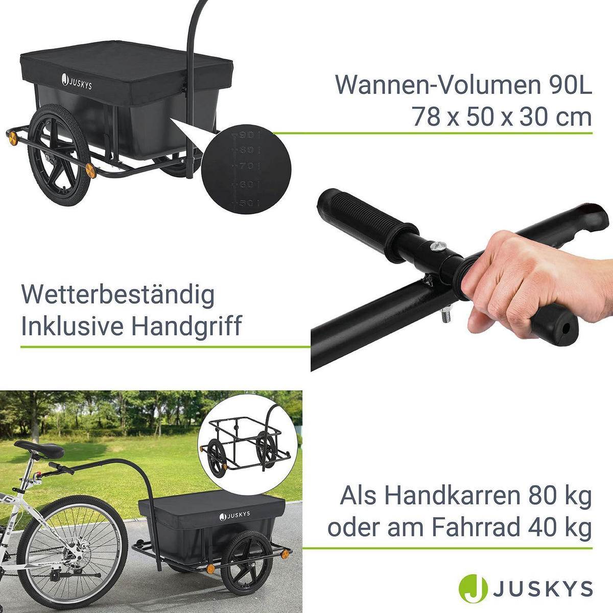 FAHRRADANHÄNGER 90 Liter - Schwarz, Kunststoff (64/93/162cm) - Juskys