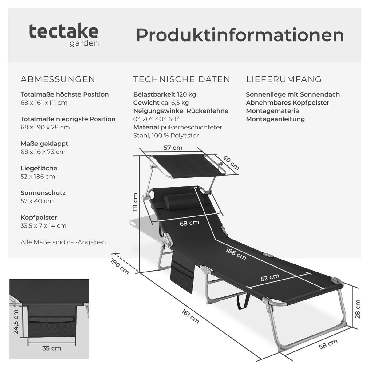 SONNENLIEGE Chloé,190 x 68 x 28 cm, mit Seitentasche,schwarz - Schwarz, Kunststoff (68/111/161cm) - tectake