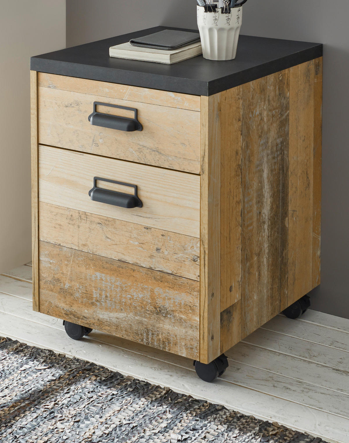 ROLLCONTAINER Used Wood, anthrazit, Schreibtisch Container 47 x 60 cm - Eichefarben/Anthrazit, Holzwerkstoff/Kunststoff (47/60/51cm) - Furn.Design
