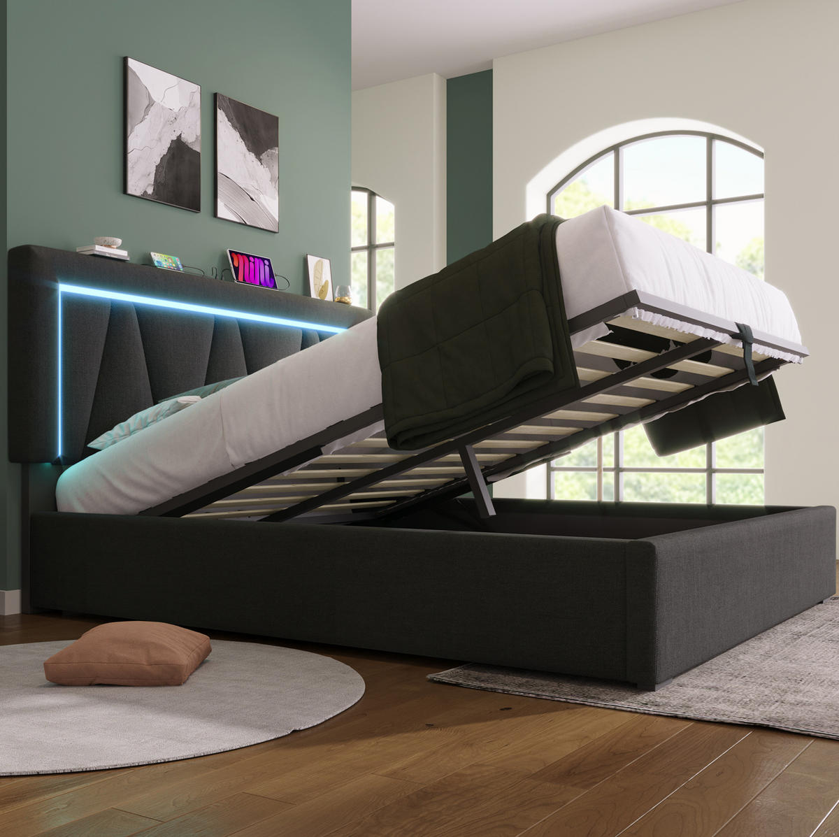 ČALOUNĚNÁ postel 160/200 cm šedá z lnu s LED osvětlením, USB-C a úložným prostorem - šedá, textil (160/200cm) - OKWISH