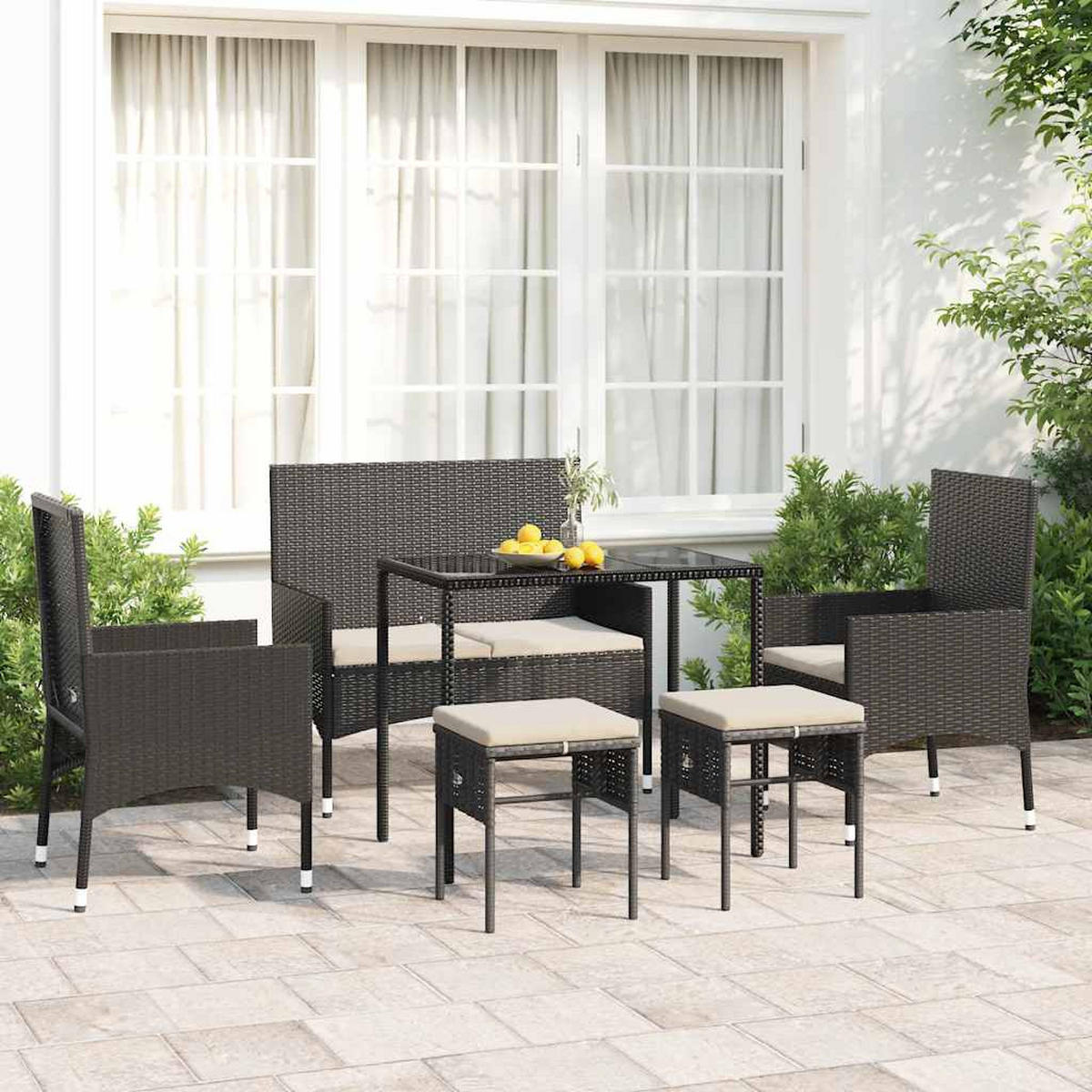 DINING-LOUNGESET mit Auflagen, aus PE-Rattan und Stahl, Schwarz, 6-teiliges Set - Schwarz, Kunststoff - vidaXL