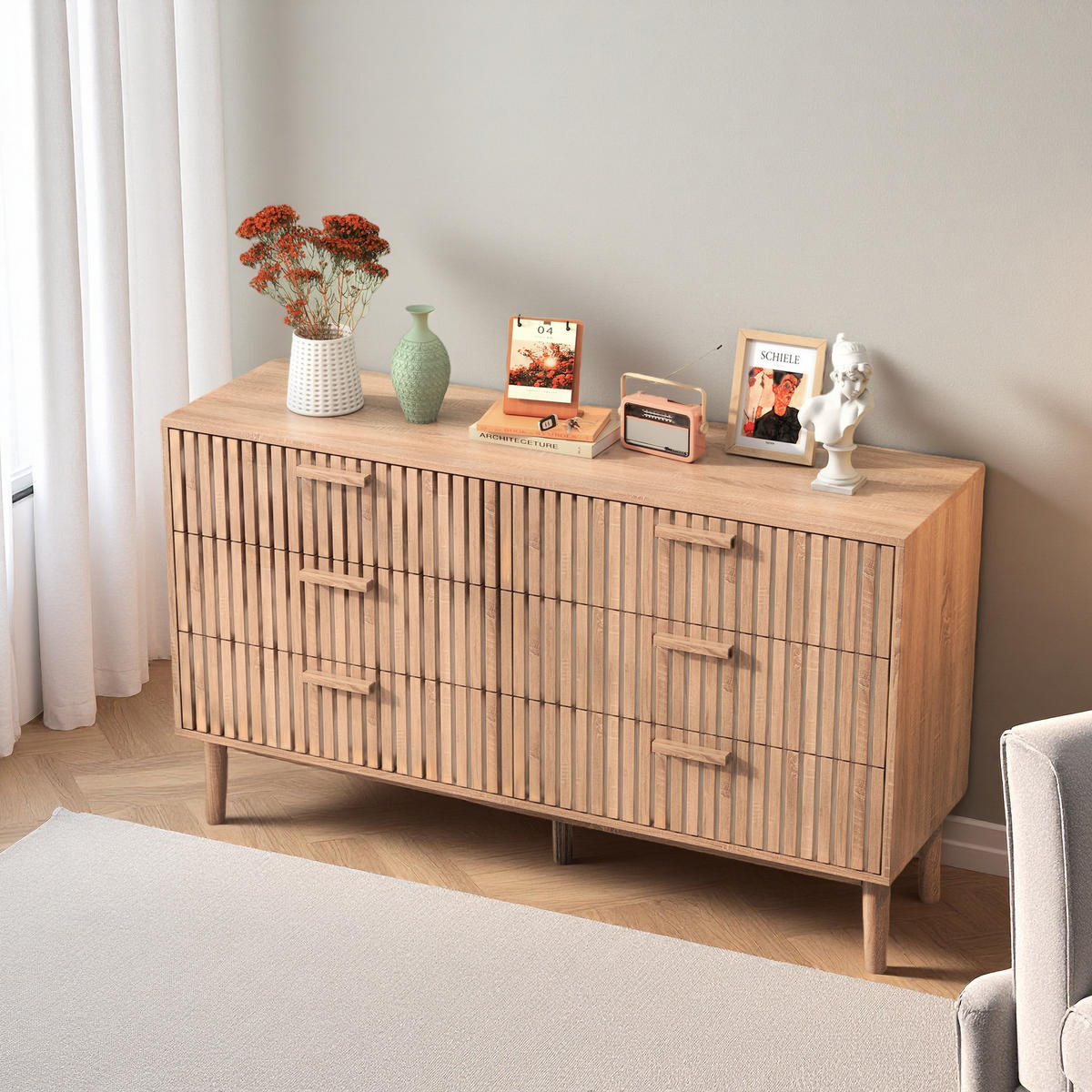 BYRÅ, naturfärgad, 6 lådor, trälook - Naturfärgad, Träbaserade material (34/73/100cm) - SHOPENTRA