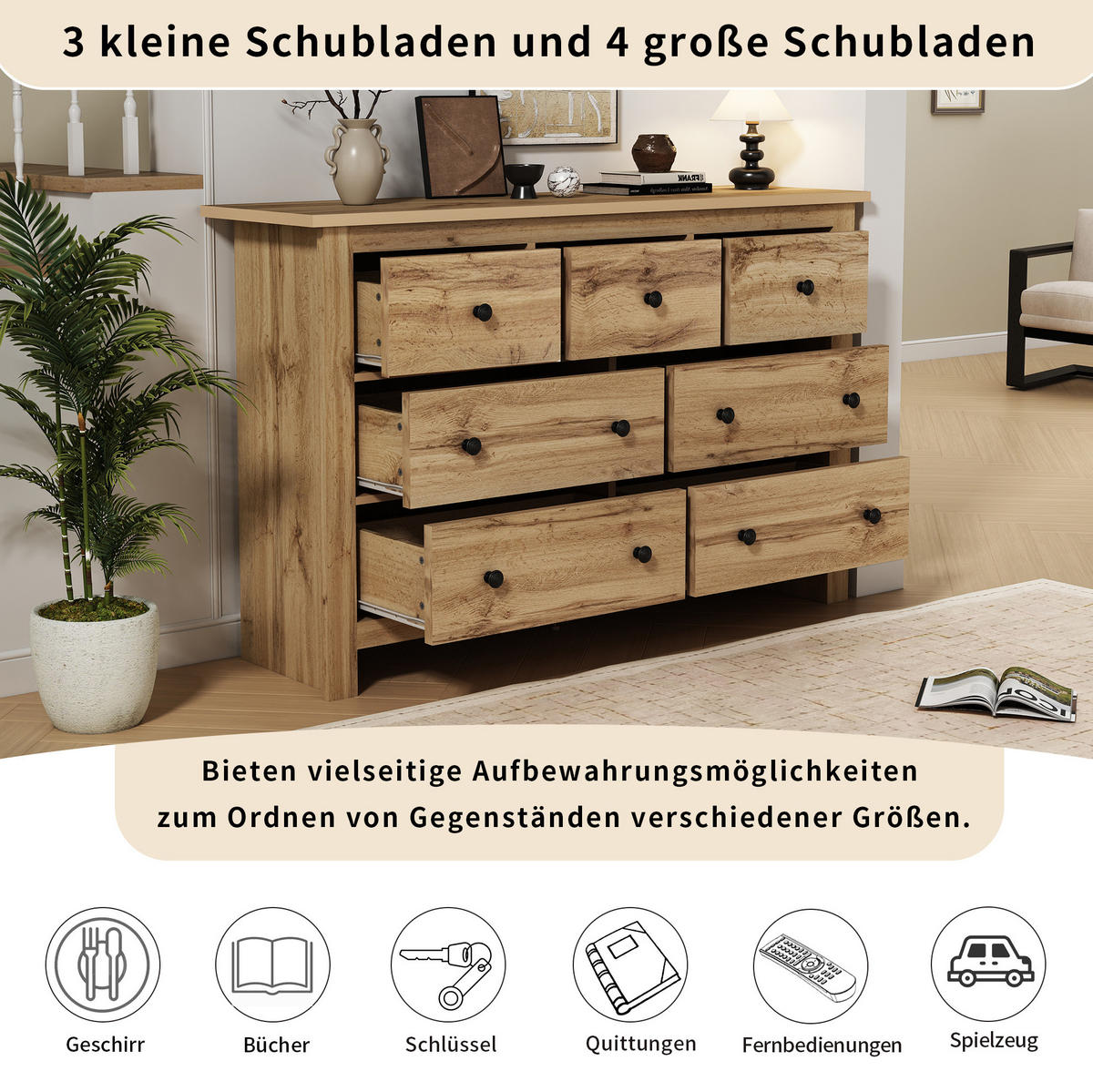 SIDEBOARD aus Spanplatte 152x40x88,5 cm Holzfarben mit 7 Schubladen und Kippsicherung - Naturfarben, Holzwerkstoff (152/89/40cm) - IVMEU