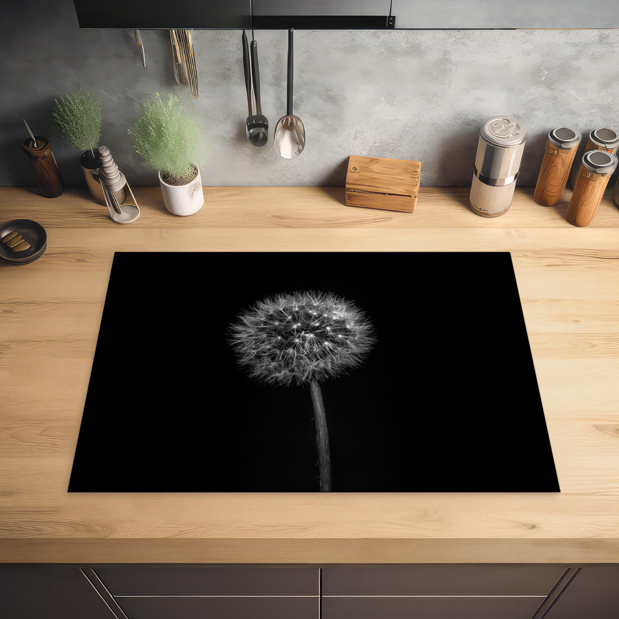 HERDABDECKPLATTE Löwenzahn - Schwarz - Floral - Botanisch 75x52 cm - Grau, Kunststoff (75/0.2/52cm) - MuchoWow