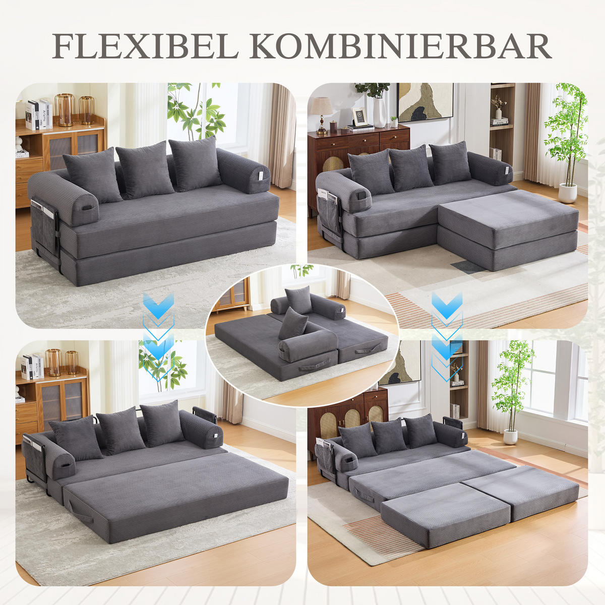 ECKSOFA Cord Dunkelgrau mit Hocker, Kissen und Seitentasche - Dunkelgrau, Textil/Metall (218/285cm) - WISHDOR