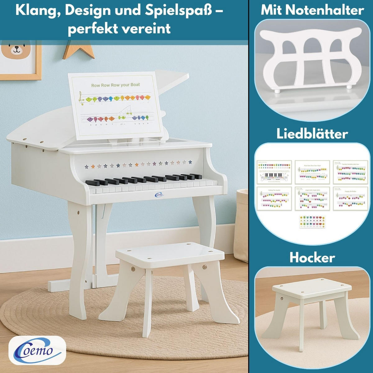 KINDERFLÜGEL mit Hocker Farbe Weiß - Weiß, Holzwerkstoff (52/50cm) - Coemo