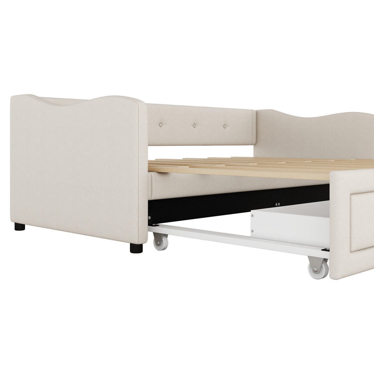 TAGEBETT 90x200cm Beige Leinen mit Ausziehbett 2 Schubladen - Beige, Holz (90/200cm) - FLIEKS