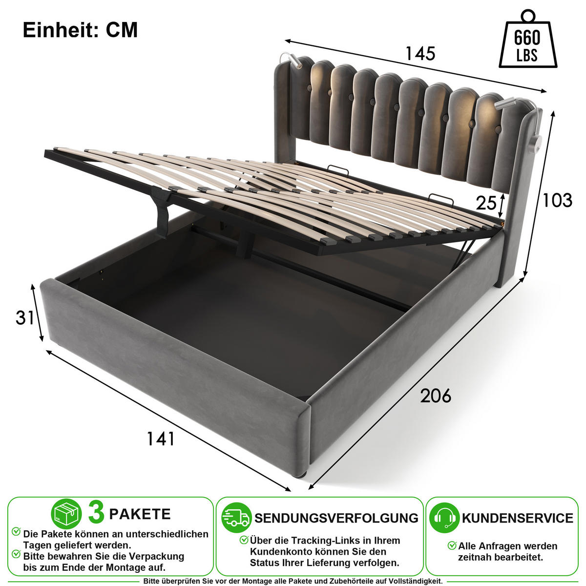 POLSTERBETT 140/200 cm in Grau Samt mit Bettkasten, Leselampe, USB und Matratze - Grau, Holzwerkstoff/Textil (140/200cm) - CHICFURN