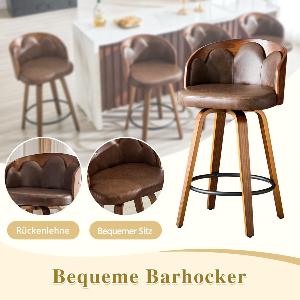 BARHOCKER 2er-Set Braun mit Blüten-Rückenlehne aus Bugholz und PU-Leder - Braun, Holz (46.5/89/41.5cm) - PANGIVO