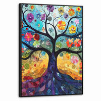LEINWAND Bilder mit Rahmen - Kunst - Baum des Lebens - Blumen - Hippie - 60x80 - Dunkelblau, Textil (60/80cm) - MuchoWow