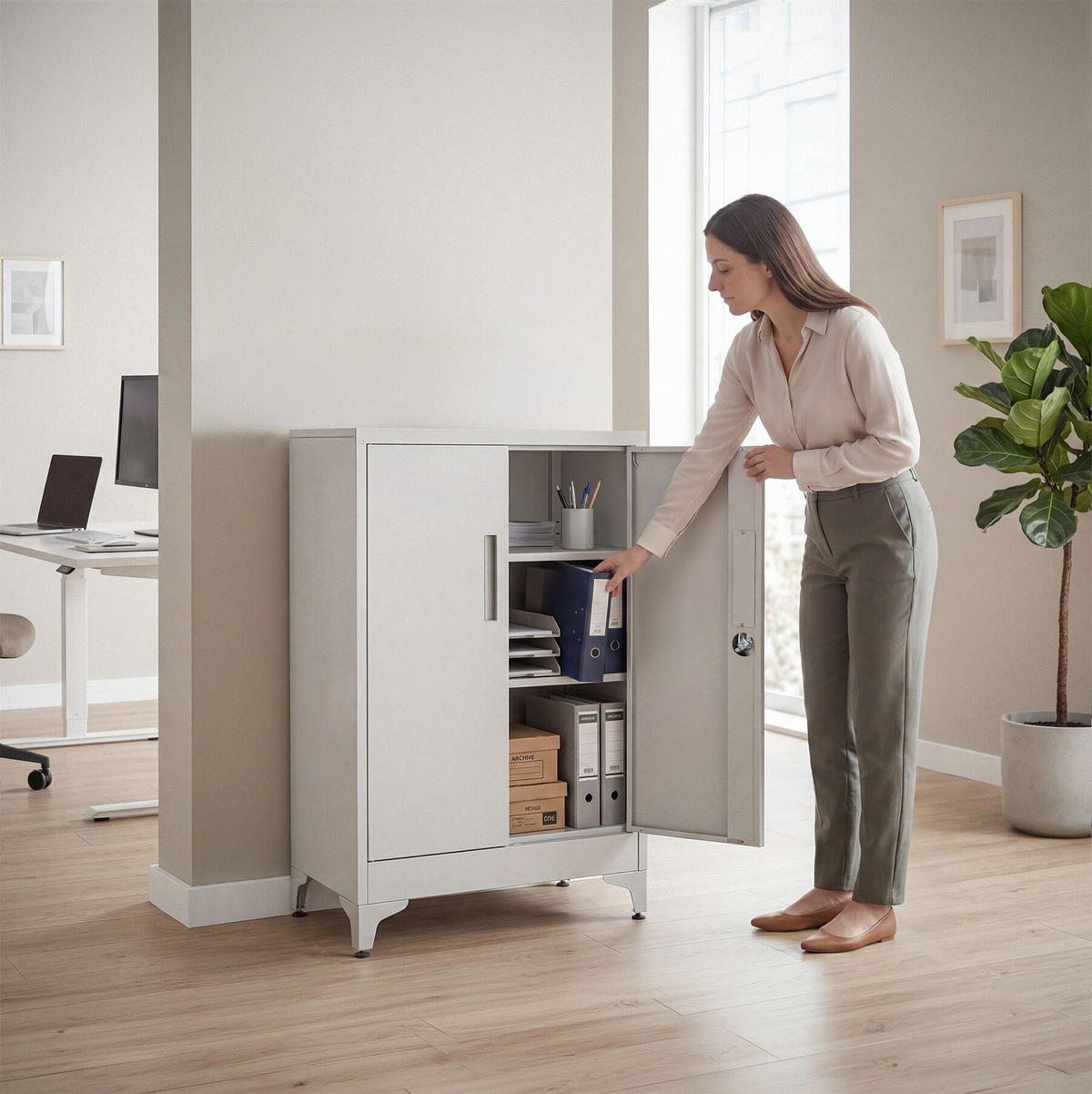 AKTENSCHRANK Blake, Kippschutz, höhenverstellbare Füße, grau - Grau, Metall (60/100/40cm) - tectake
