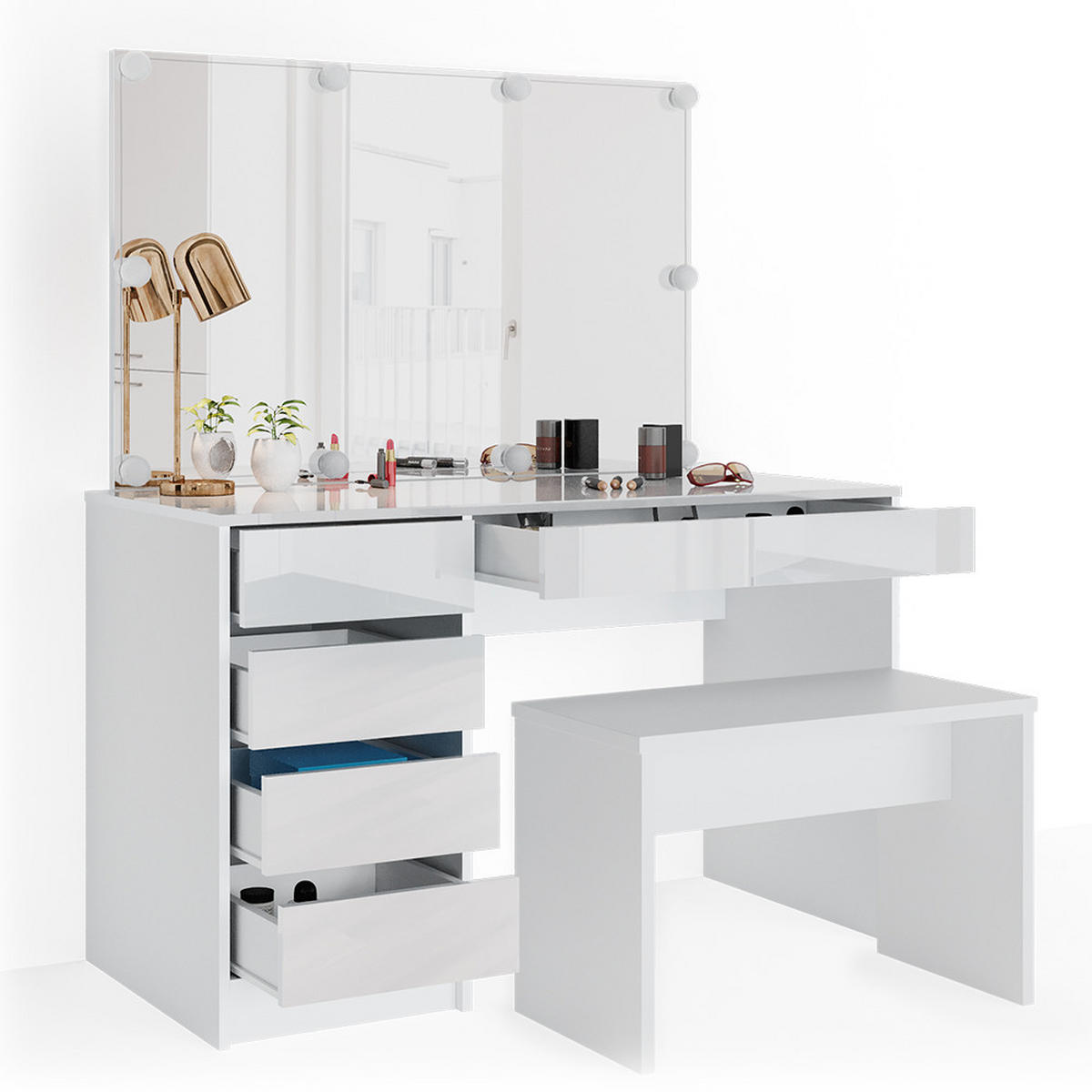 SCHMINKTISCH Sherry Weiß 120 cm mit LED Beleuchtung und Bank - Weiß, Holzwerkstoff (55/75/120cm) - Vicco