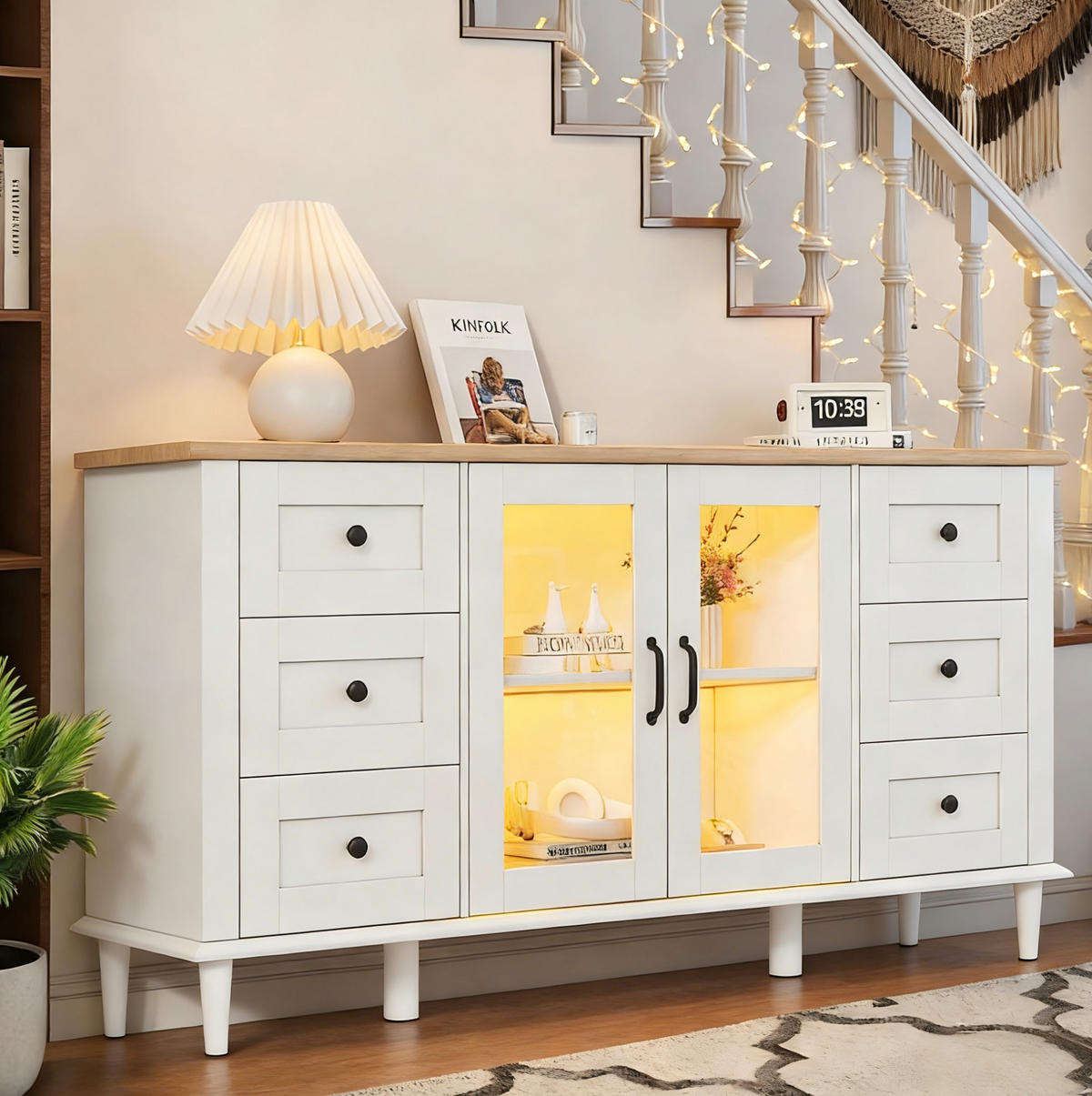SIDEBOARD 150/40/75 cm mit 2 Acryltüren, 6 Schubladen & LED in Weiß/Holzoptik - Weiß, Holzwerkstoff (150/75/40cm) - BEAOK