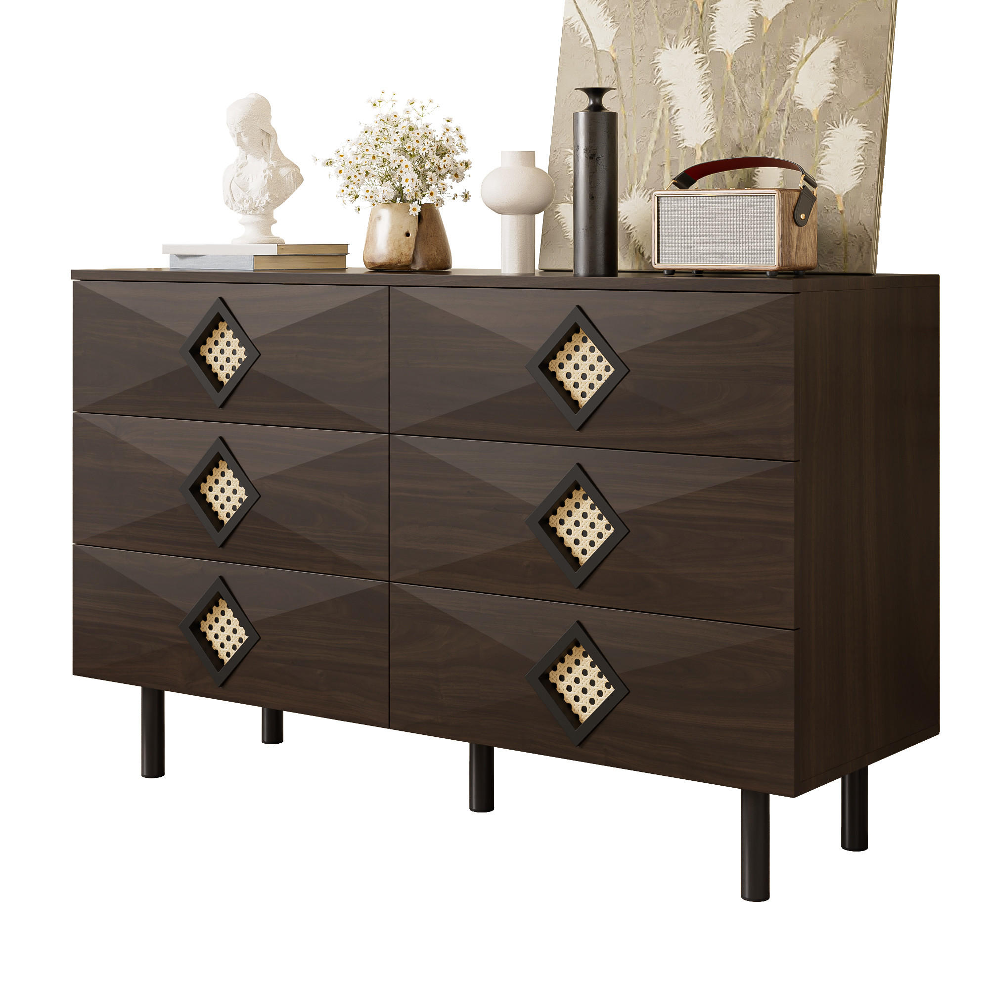 SIDEBOARD 6 Schubladen Rattan-Griff für Schlafzimmer & Wohnzimmer - Walnussfarben, Holzwerkstoff (40/74/120cm) - FLIEKS