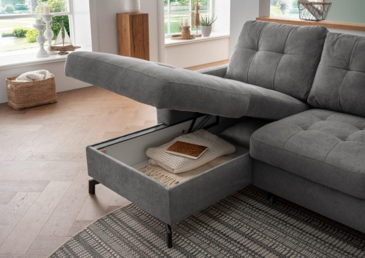 ECKSOFA mit Schlaffunktion und Bettkasten, Luxus-Mikrofaser - Dunkelgrau/Schwarz, Textil/Metall (230/150cm) - myHomelando