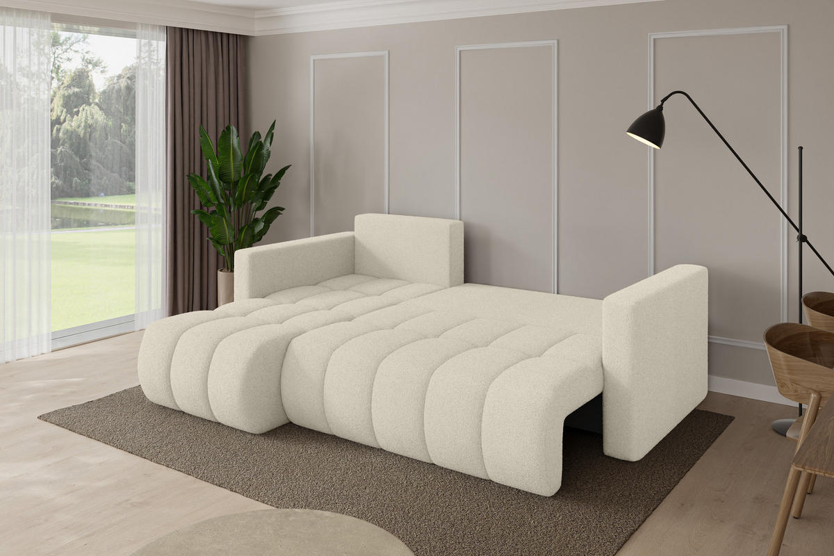 ROHOVÁ SEDAČKA s funkcí spaní, otoman vlevo GARD-L 226x146x85 béžová bouclé - černá/písková barva, kompozitní dřevo/textil (226/146cm) - ALTDECOR