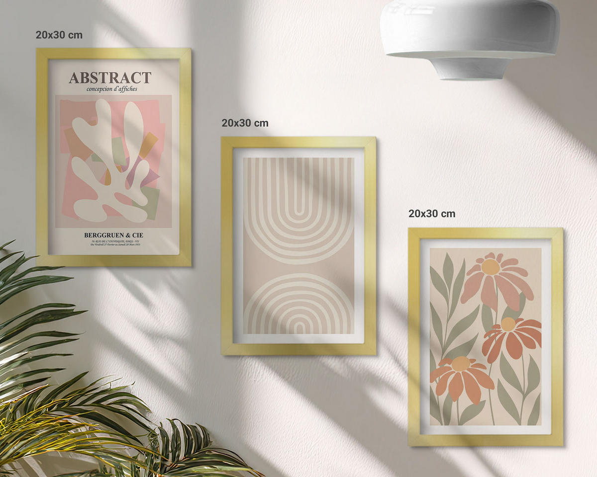 BILDER SET 3er Set - 20x30 cm Goldrahmen - Abstrakte Pflanzenformen - Goldfarben, Kunststoff (20/30cm) - TULUP
