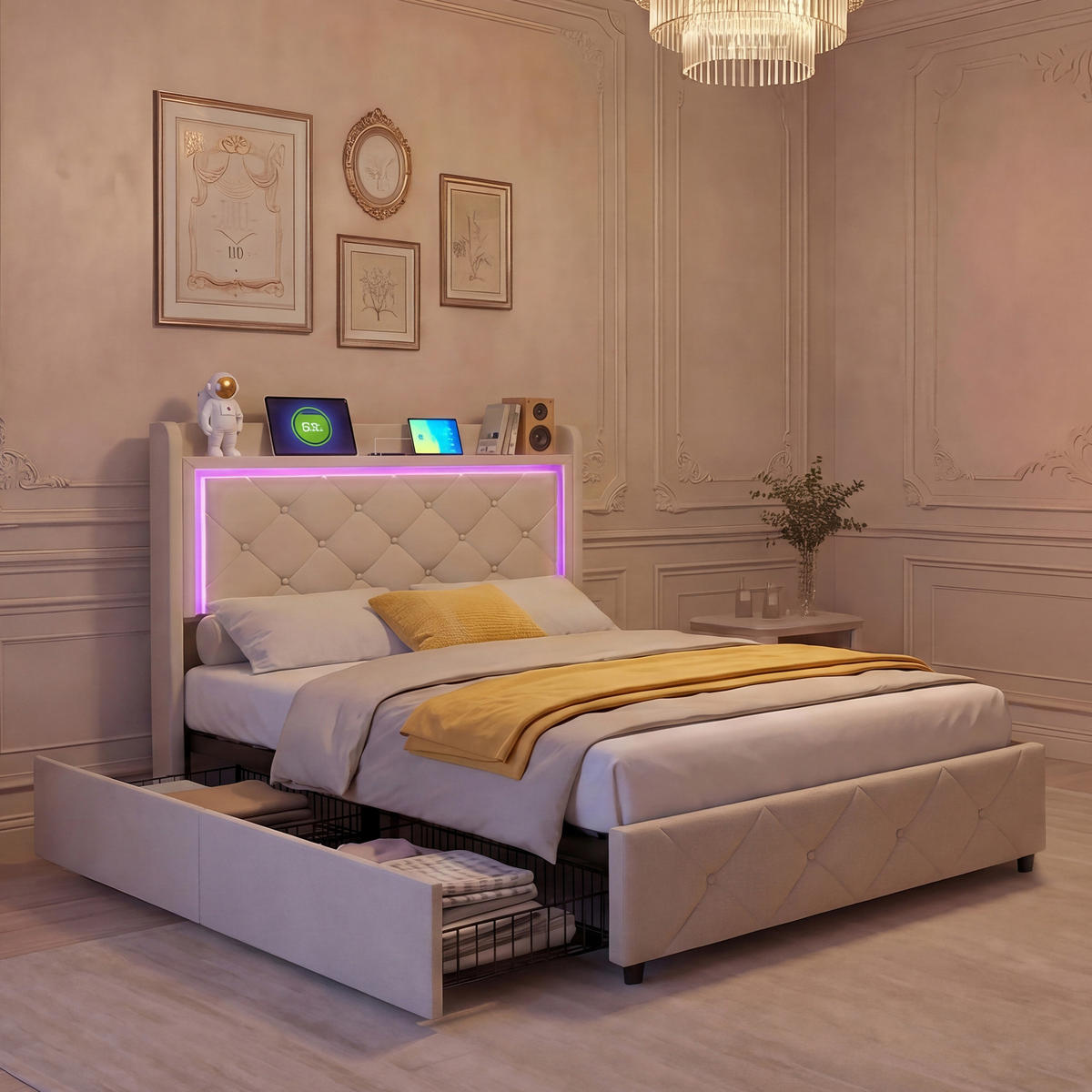POLSTERBETT 90x200 cm, Einzelbett mit 2 Schubladen, LED & USB/Type-C, Flauschstoff in Beige - Beige, Holz (90/200cm) - BRILVERDE