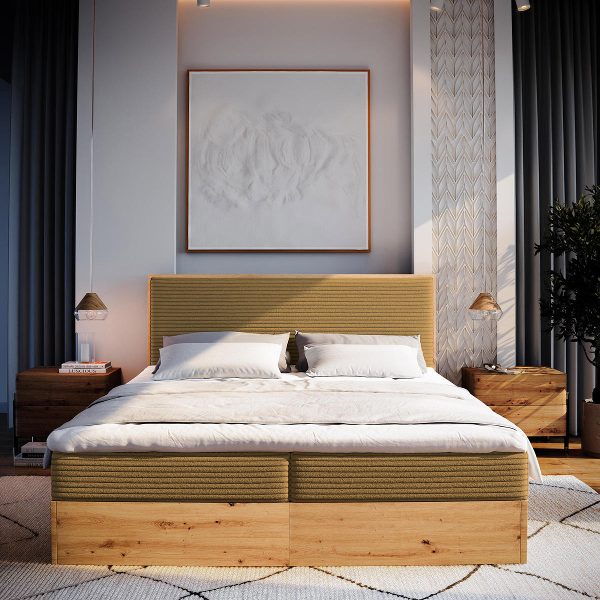 BOXBETT VERDON 160x200 cm mit Matratze und Topper - Gelb - Gelb, Holz (160/200cm) - MASSENO