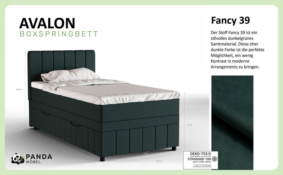 BOXBETT AVALON 100 x 200 cm mit Bettkasten und Topper - Dunkelgrün - Dunkelgrün, Holz - Panda Möbel