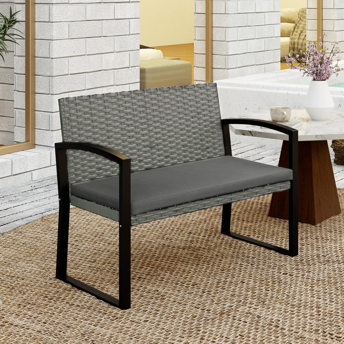 GARTENBANK 2-Sitzer DE-13681 mit Polsterkissen Grau & Schwarz - Grau, Kunststoff/Metall (103/78/58cm) - ComfortXL