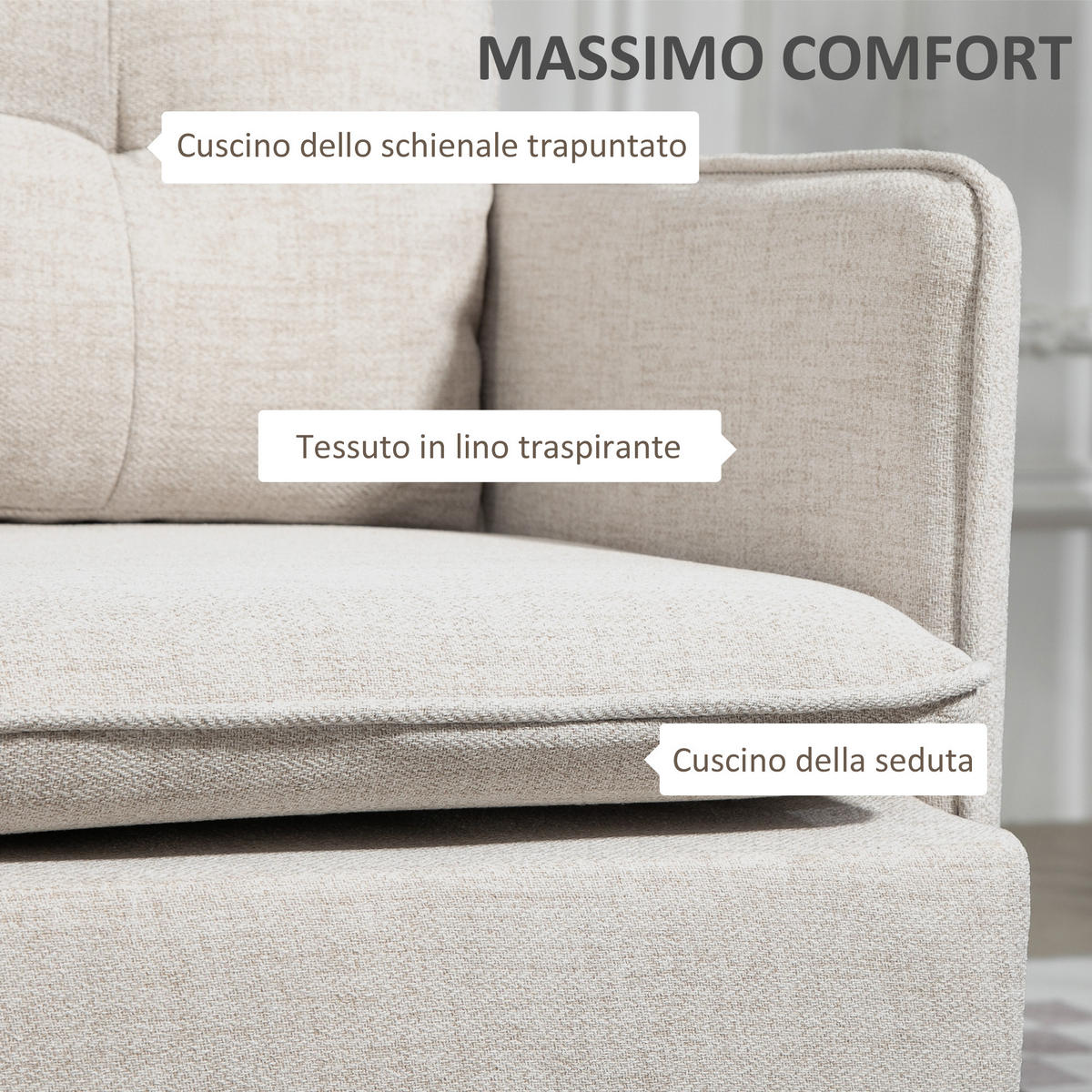 SOFA, 2-Sitzer, Leinenoptik, Stahlbeine, gepolsterte Kissen, cremeweiß, 139x68x80cm - Multicolor, Holzwerkstoff (139/80/68cm) - FORIOUS