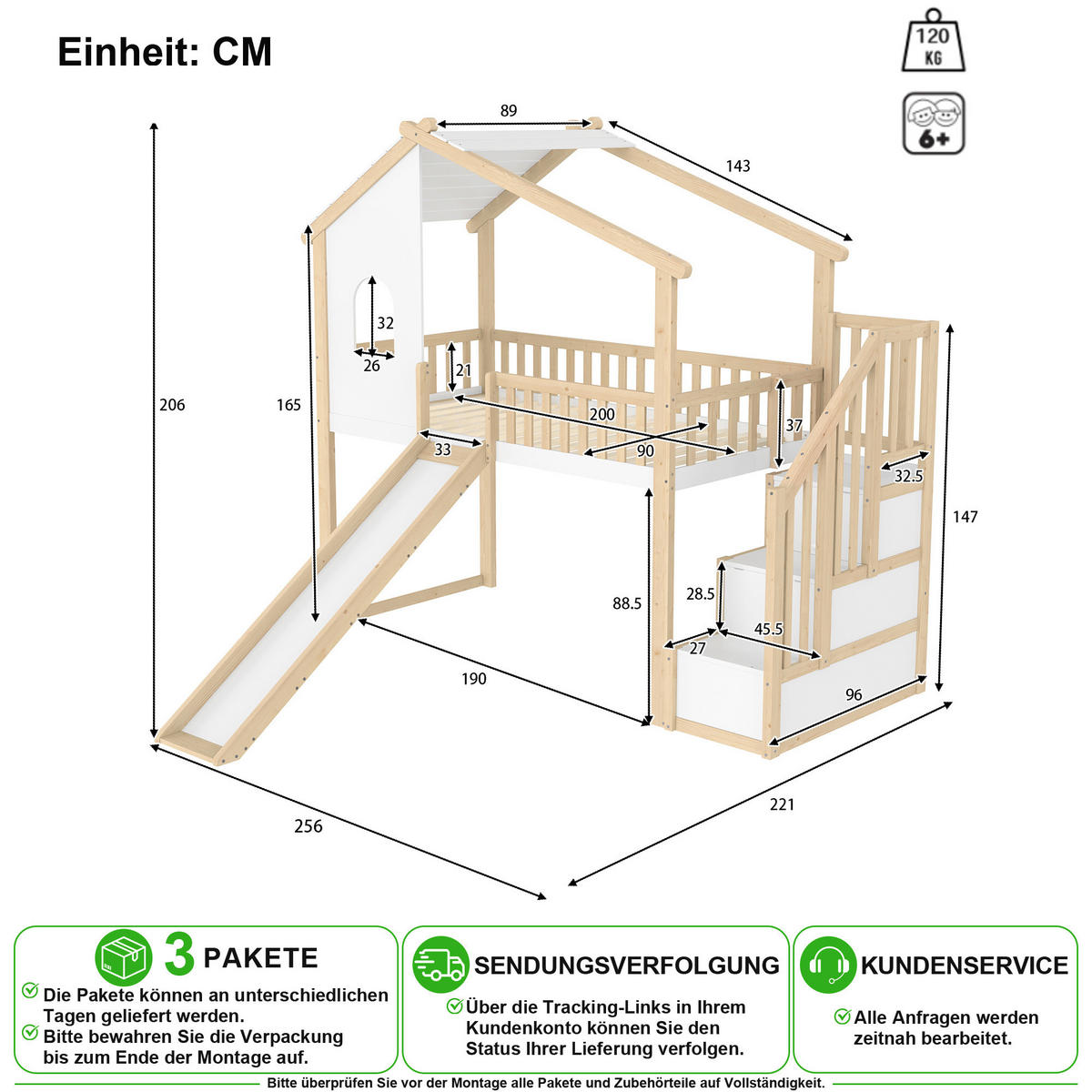 HOCHBETT 90/200 cm in Natur & Weiß mit Rutsche, Stauraumleiter und Hausdesign - Naturfarben, Holz/Holzwerkstoff (90/200cm) - CHICFURN