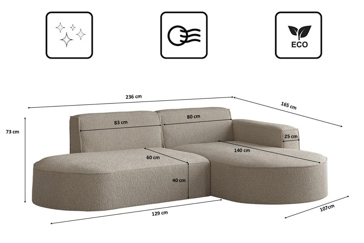 ECKSOFA Modena Studio, Stoff Quelle, Dunkelbeige Rechts - Beige, Holz (236/165cm) - Kaiser Möbel