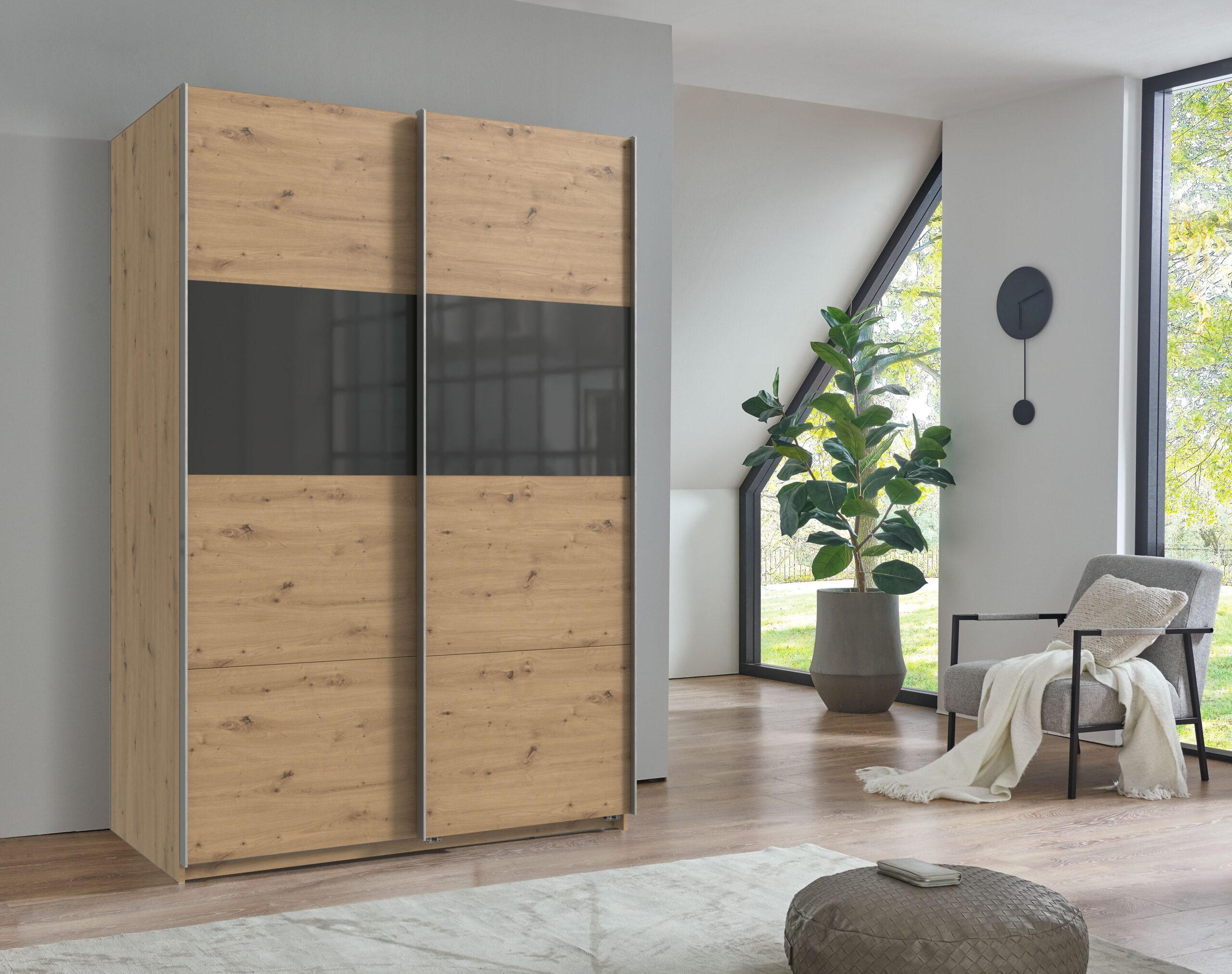 SCHWEBETÜRENSCHRANK Bramfeld in Artisan Eiche mit Grey Glas 135 x 198 x 65 cm (B x H x T)– Kleiderschrank - Braun, Holzwerkstoff (80/200/120cm)