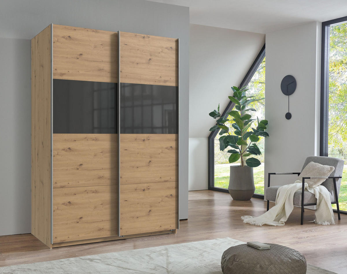 SCHWEBETÜRENSCHRANK Bramfeld in Artisan Eiche mit Grey Glas 135 x 198 x 65 cm (B x H x T)– Kleiderschrank - Braun, Holzwerkstoff (80/200/120cm)