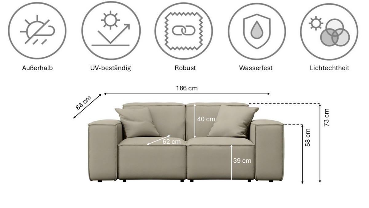 COUCH Sofa, Zweisitzer-Sofa Grand Modular Stoff Haga Rotwein - Rot, Holz (197/70/91cm) - Kaiser Möbel
