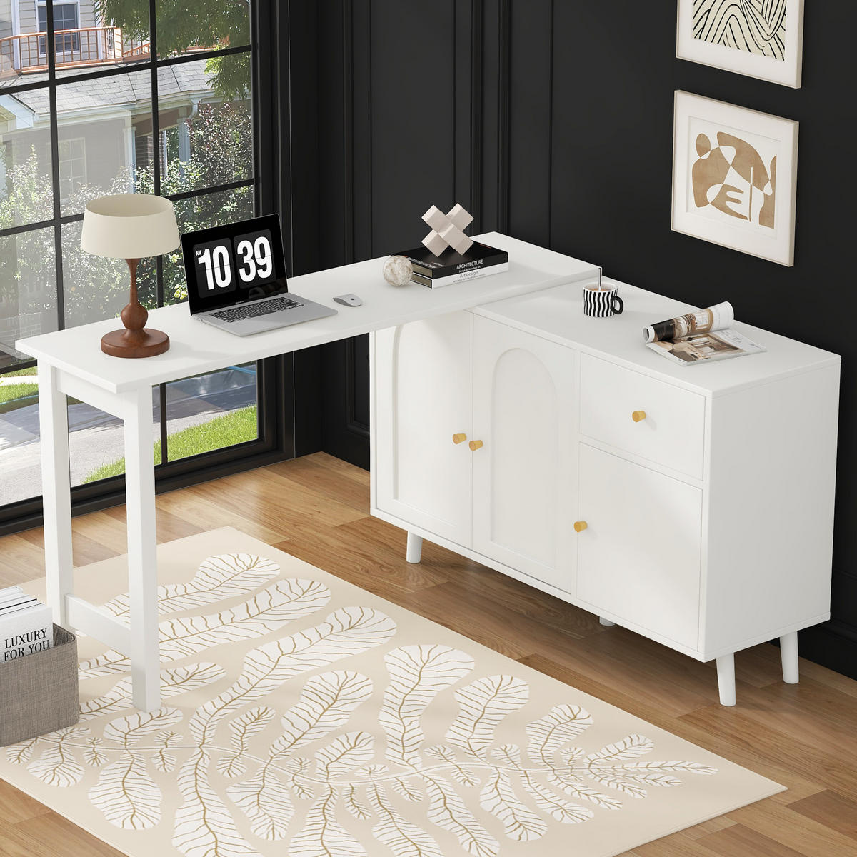 SCHREIBTISCH 120/40/74,5 cm drehbar mit Sideboard und Schublade in Weiß - Weiß, Holzwerkstoff (120/40/74.5cm) - BEAOK