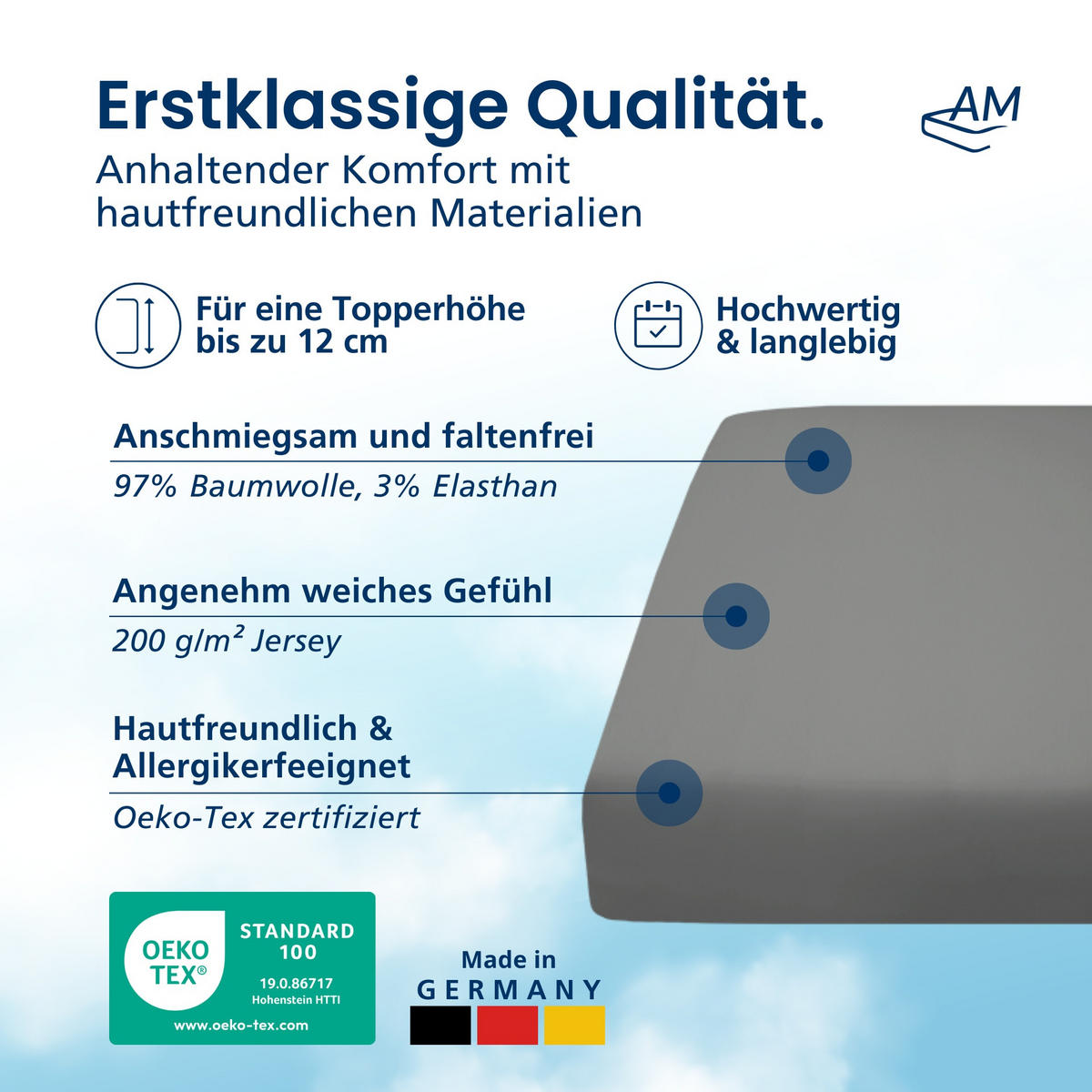 SPANNBETTLAKEN TOPPER 200/200/12 cm Anthrazit - Anthrazit, Textil (200/200cm) - AM Qualitätsmatratzen