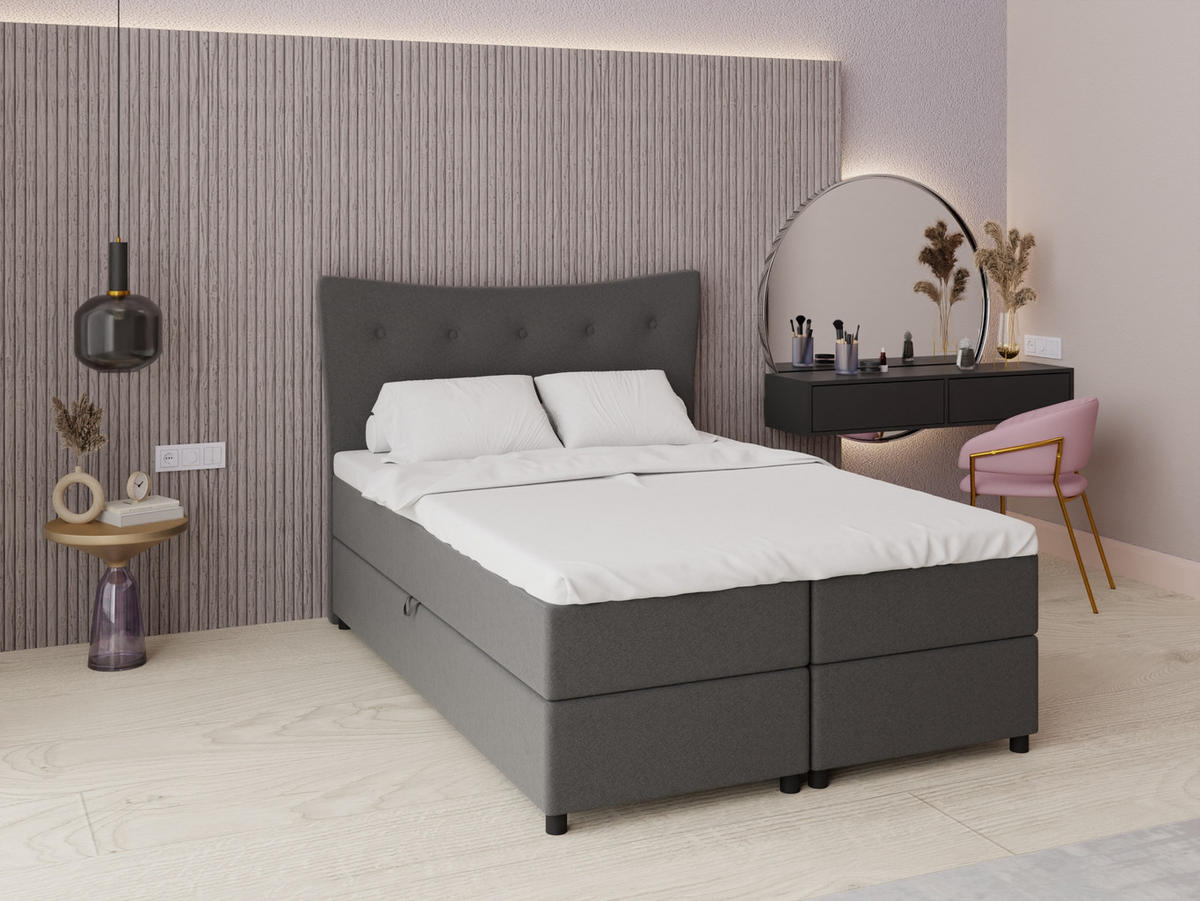 BOXBETT Nevada 140 x 200 cm Doppelbett mit hochwertiger Bonell-Matratze und Topper - Dunkelgrau - Dunkelgrau, Holz (140/200cm) - Panda Möbel