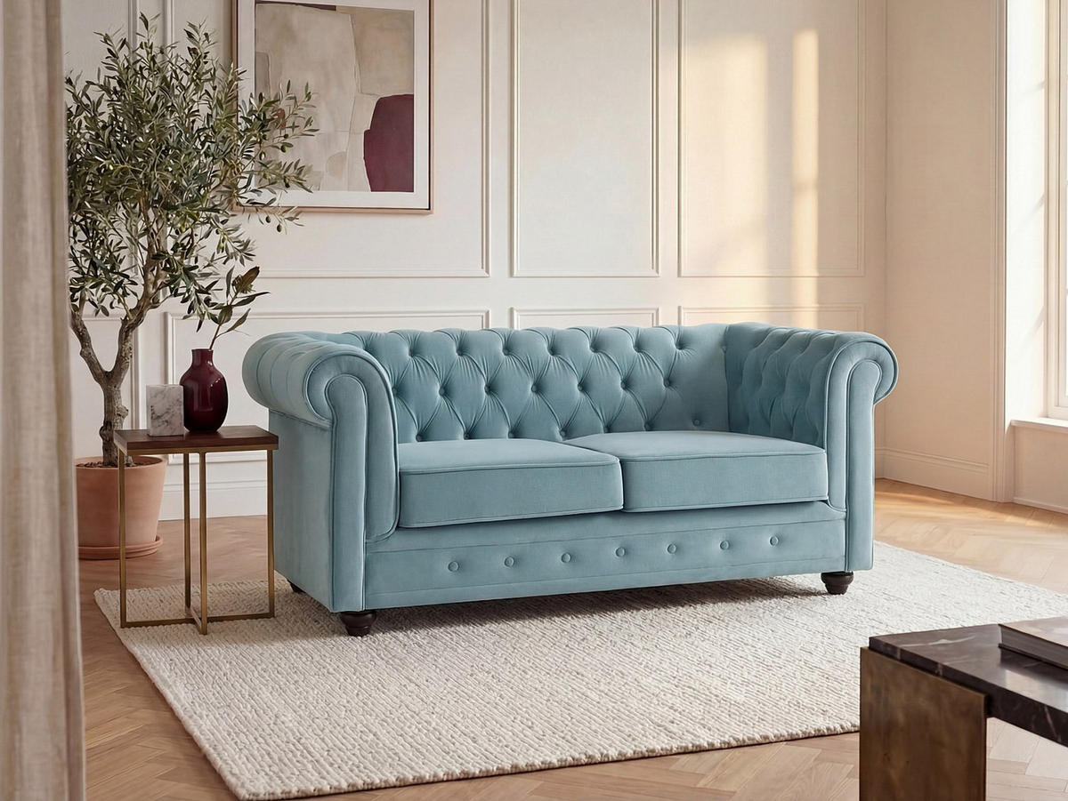 SOFA 2-Sitzer - Samt - Pastellblau - CHESTERFIELD - Hellblau, Textil (168/72/88cm) - Vente-Unique