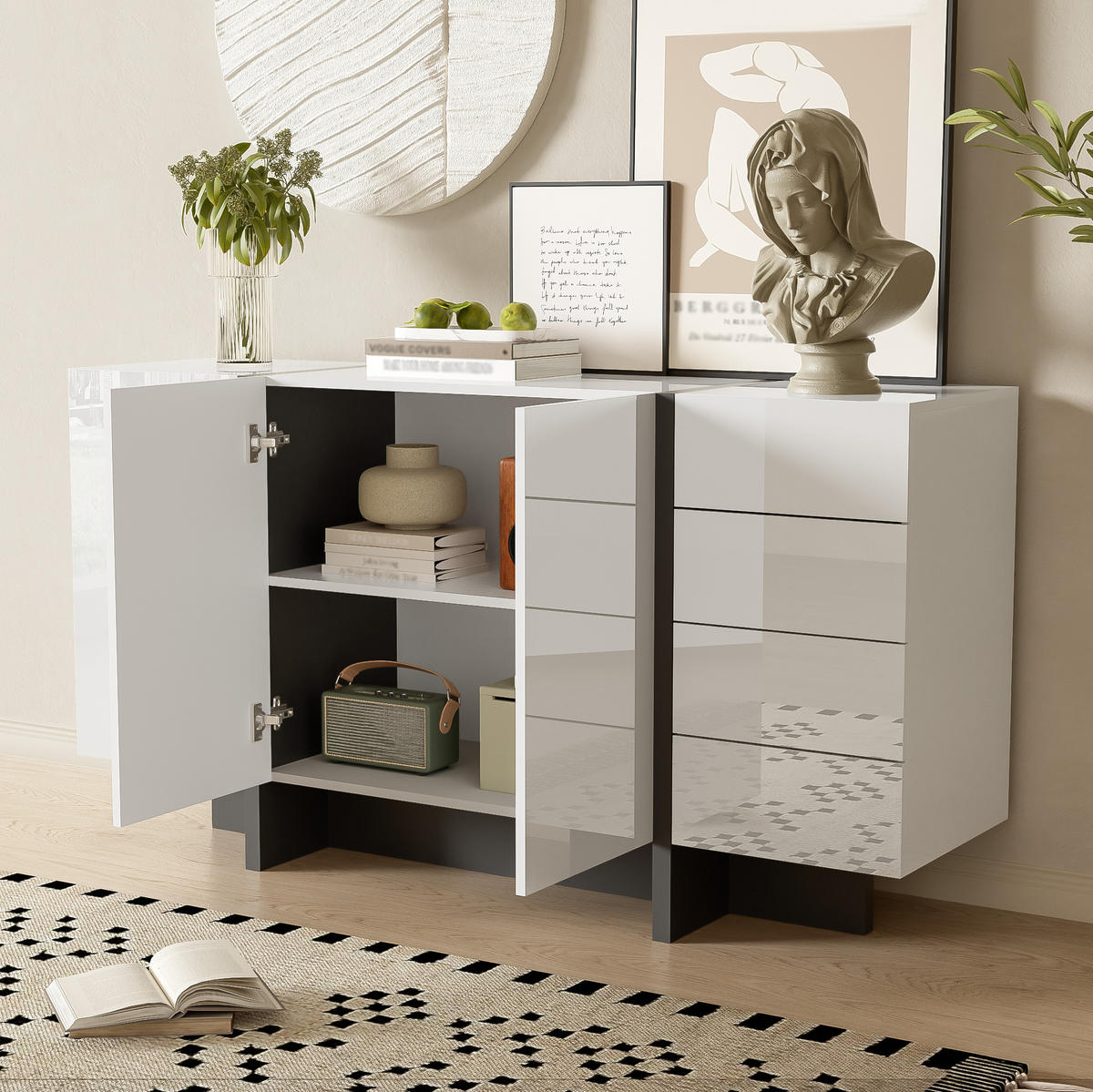 SIDEBOARD 150/40/80,5 cm weiß/schwarz aus MDF und Holzwerkstoff mit 2 Türen und 4 Schubladen - Weiß, Holzwerkstoff (150/80.5/40cm) - OKWISH