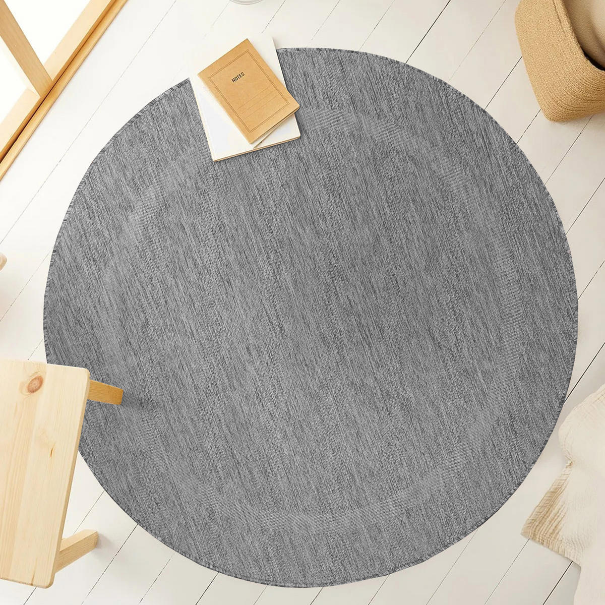 TEPPICH Outdoor Flachgewebe Uni-Design Polypropylen Balkon Grau Rund 160x160 - Grau, Textil (160/160cm) - KADIMA DESIGN