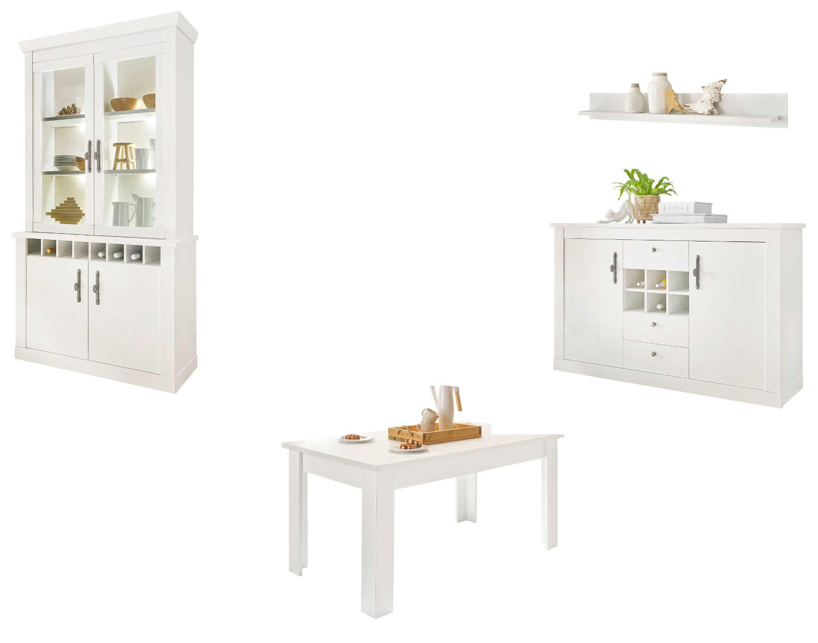 ESSZIMMER-SET 4-teilig weiß Pinie Landhaus, Soft-Close-Funktion - Silberfarben/Weiß, Glas/Holzwerkstoff (166/207/90cm) - Furn.Design