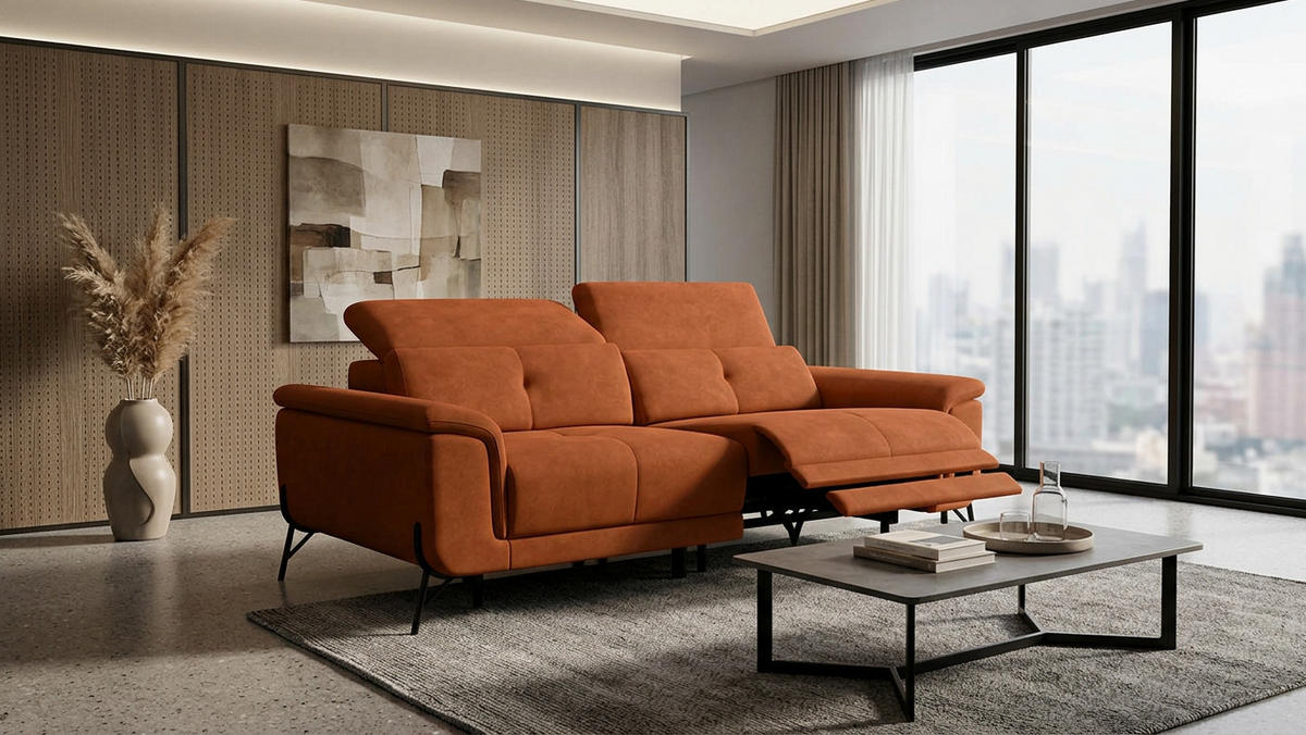 SOFA RELAX AVENA 3-Sitzer, dunkeloranger Veloursstoff - Dunkelorange/Schwarz, Holz/Textil (204/80/108cm) - Wozimo
