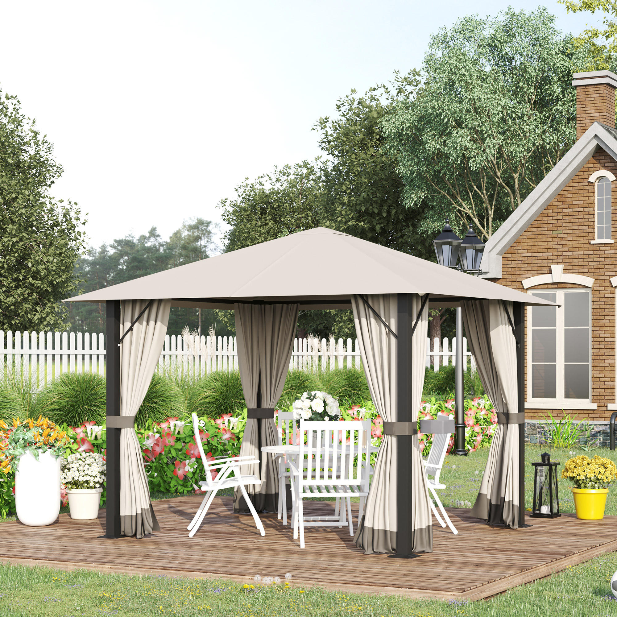 PAVILLON, Khaki, Aluminium, Stahl, Polyester - Braun, Metall (297/2.6/297cm) - Outsunny