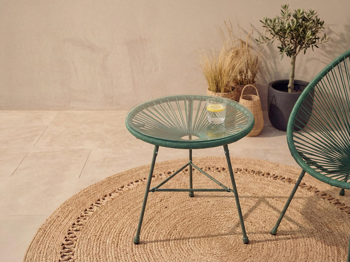 GARTENBEISTELLTISCH - 2 Personen - Harz, Glas - Khaki, Grün - - Grün, Glas (50/50/50cm) - Vente-Unique