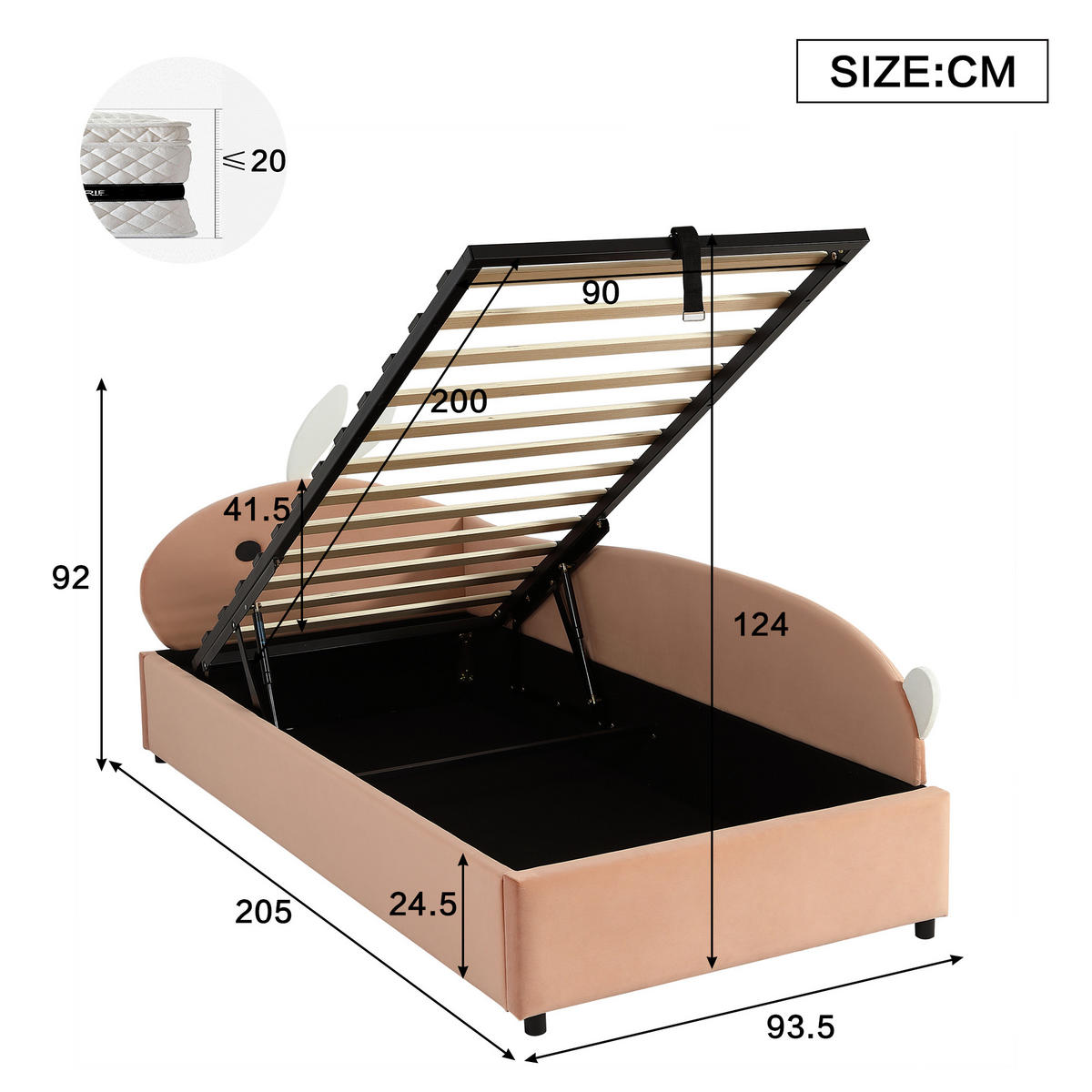 POLSTERBETT 90/200 cm Rosa mit Häschen-Kopfteil und Stauraum aus Samt - Dunkelrosa, Textil (90/200cm) - OKWISH