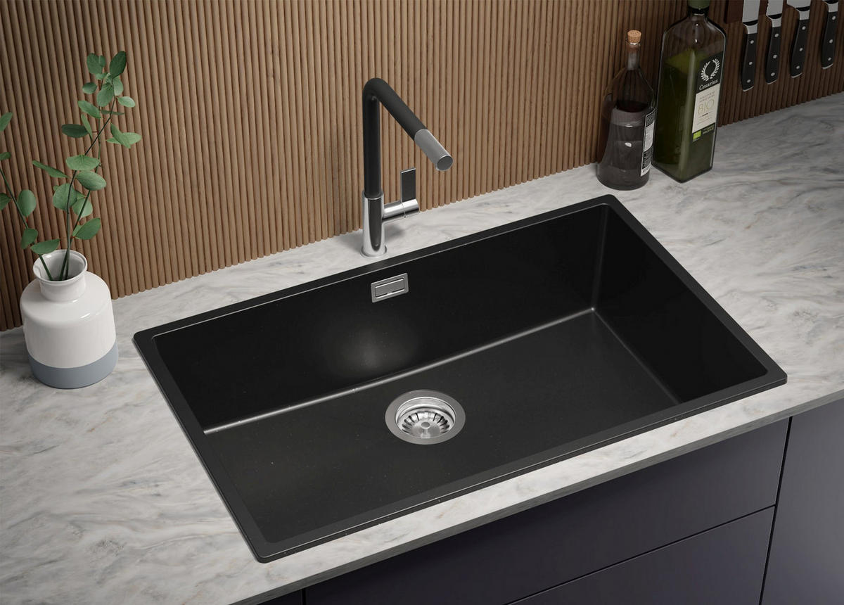 SPÜLBECKEN London Slim, 2-er set Schwarz Metallic 76/47 cm 1 Becken + Ablauf-Set ab 80er Unterschrank - Chromfarben/Schwarz Hochglanz, Kunststoff (76/20/47cm) - Primagran