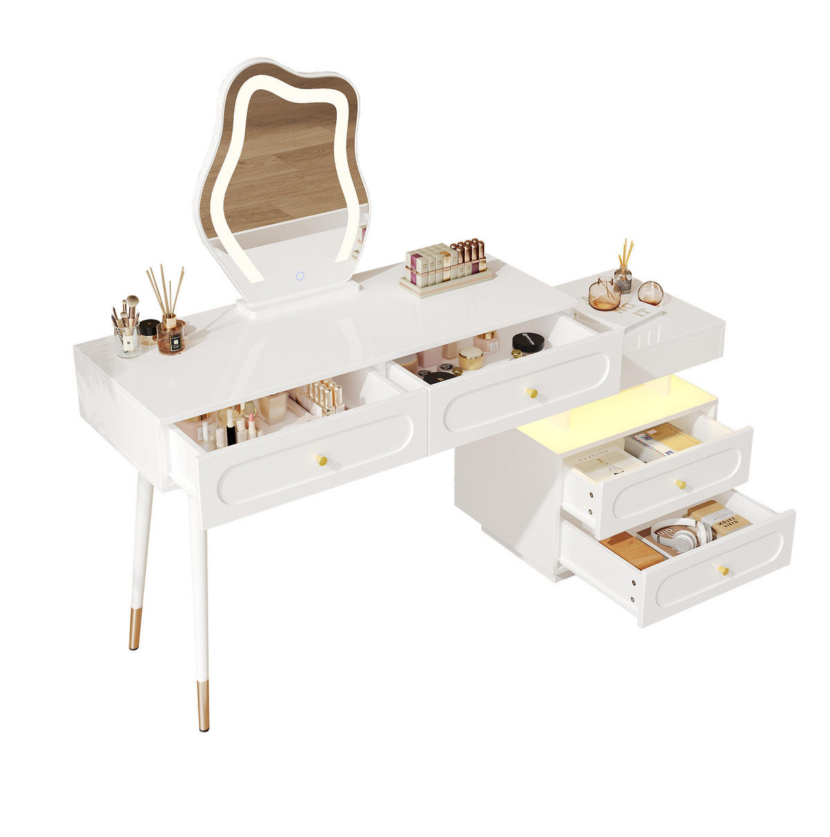 SCHMINKTISCH 140/40/130 cm mit LED-Spiegel, 4 Schubladen und flexiblem Seitenschrank, Weiß - Weiß, Holzwerkstoff (40/130/140cm) - Redom